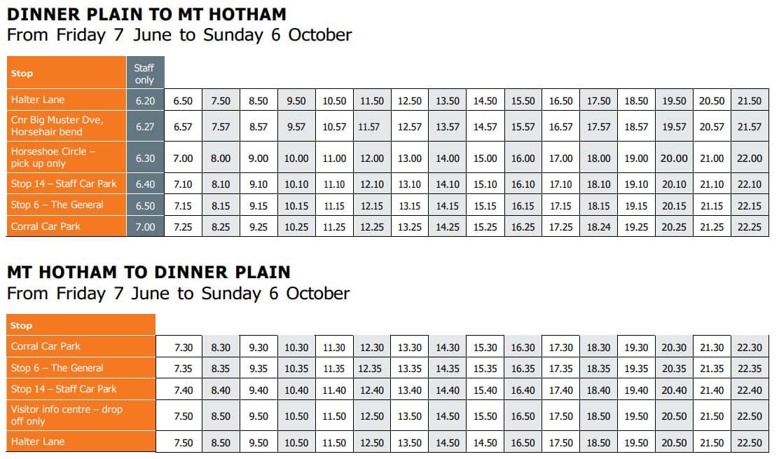 Dinner Plain bus timetable 2024